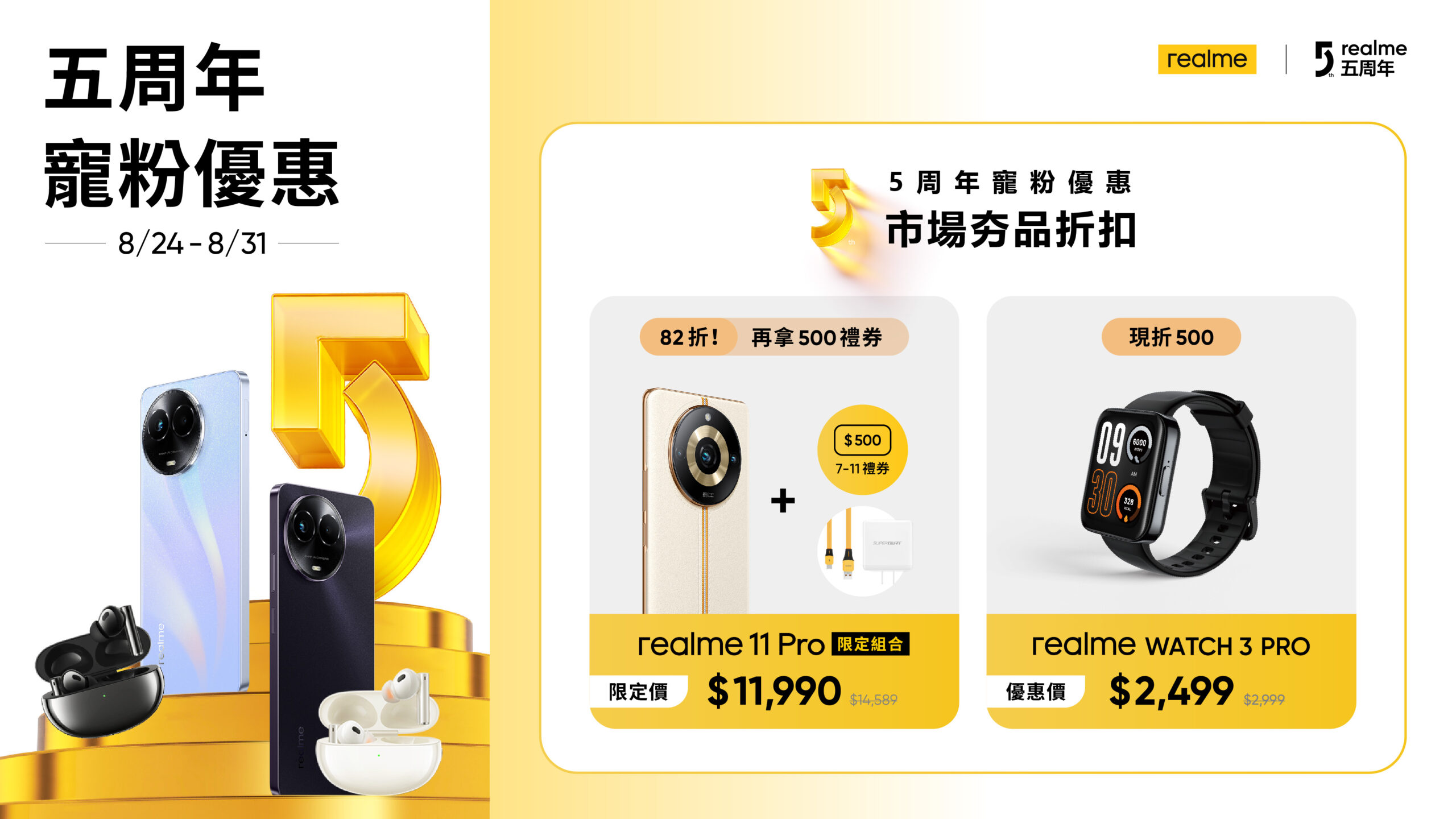 realme 828 越級而上，越級之作 realme 11x 5G 、 Buds Air 5 Pro 重磅登場！ 8 月 24 日至 8 月 31 日，全品項優惠 55 折起，寵粉無極限！ @3C 達人廖阿輝