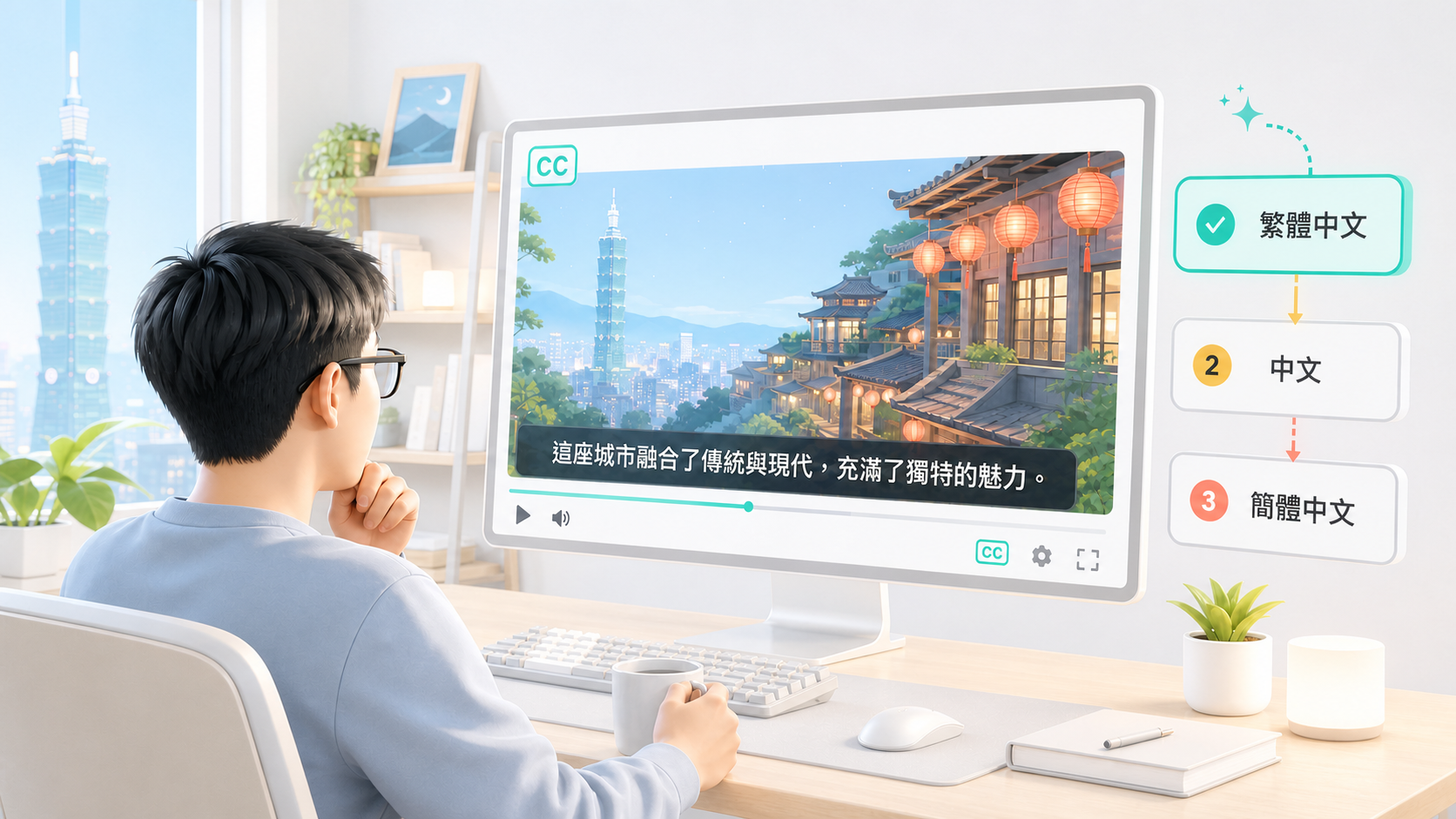 使用者觀看影片時由擴充功能依序選擇繁體中文、中文與簡體中文字幕