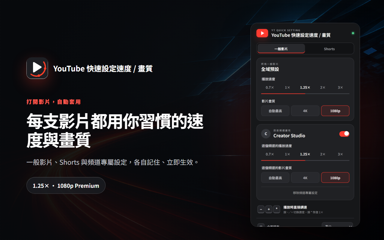 YouTube 一般影片全域速度、畫質與頻道優先設定畫面