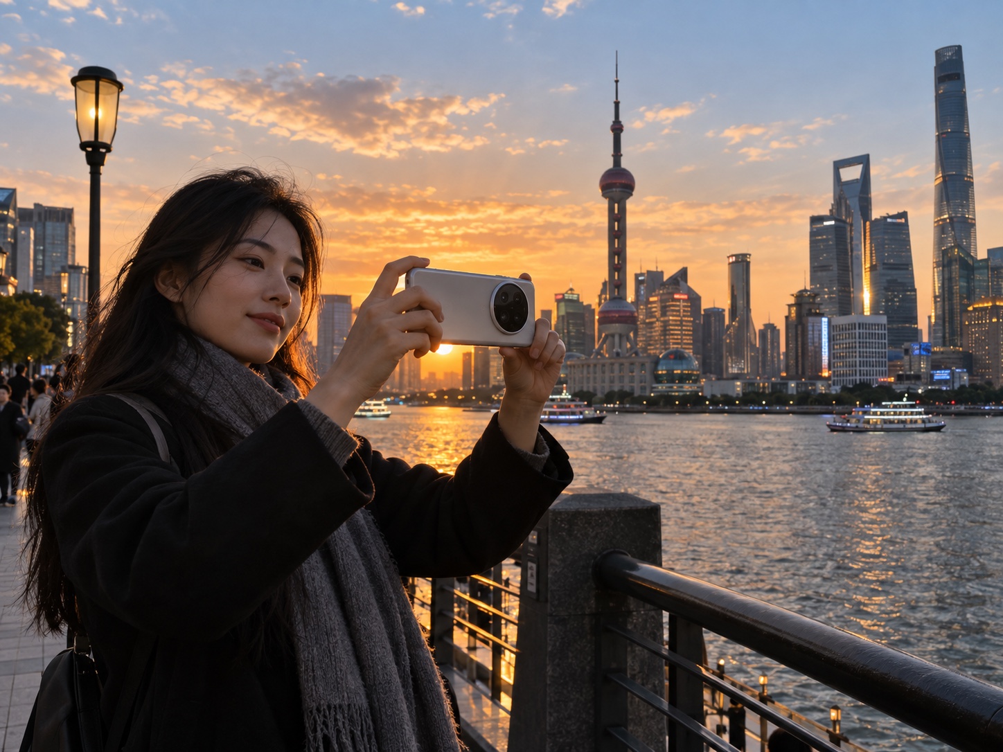 在上海高反差夕陽環境中以手機錄影的情境示意。