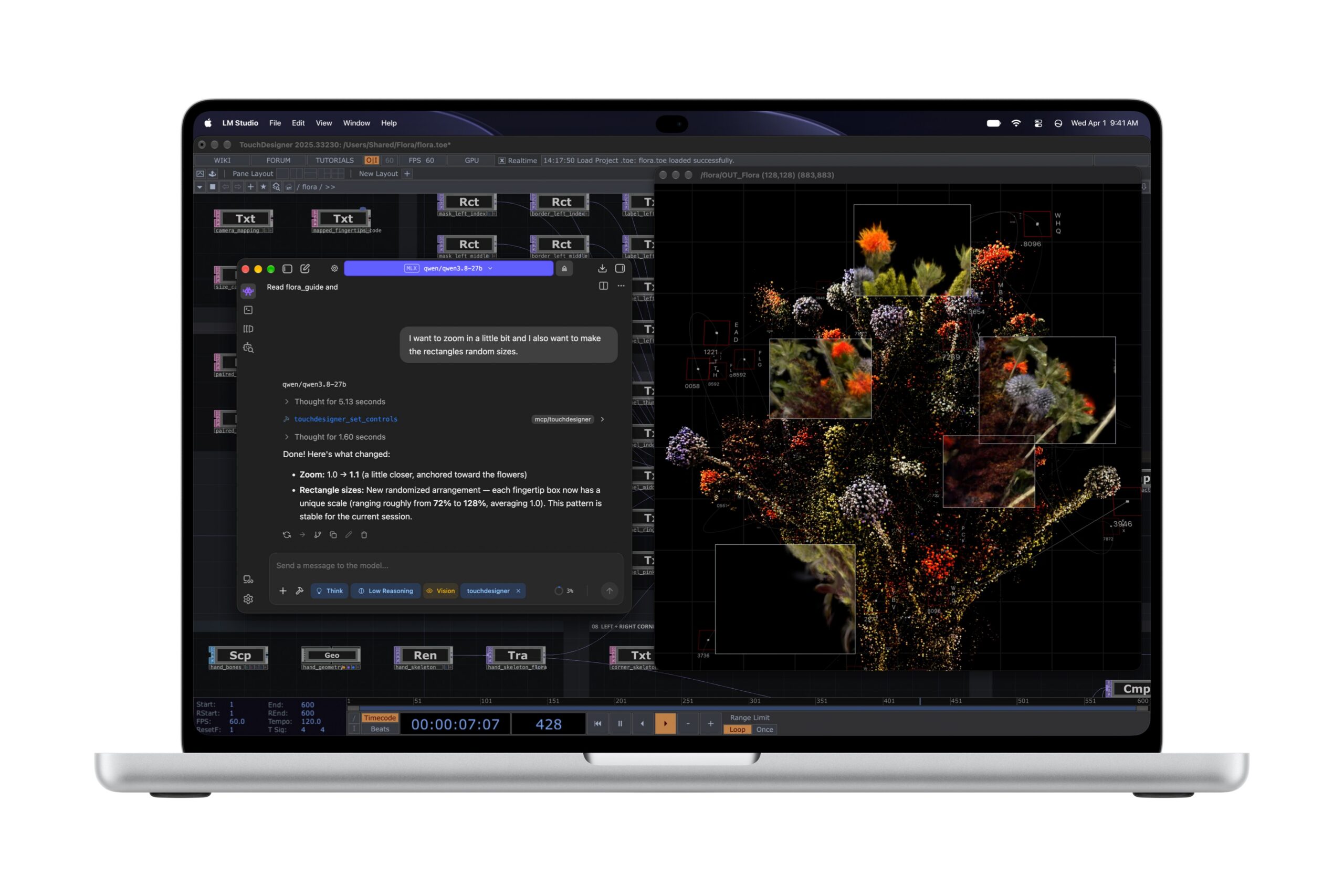 MacBook Pro 螢幕中的 LM Studio 與創作軟體應用示意