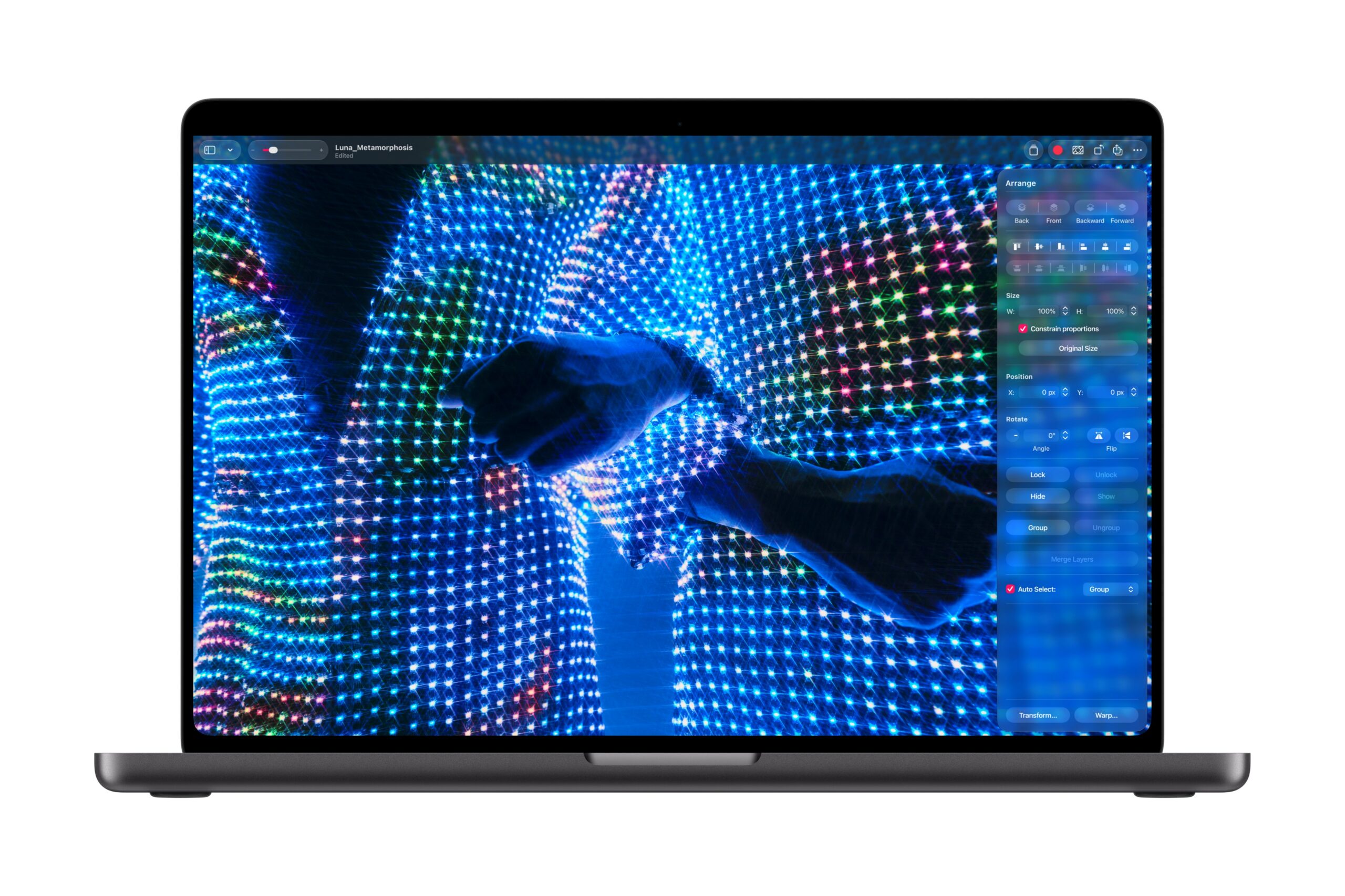 MacBook Pro PROLED XDR 螢幕顯示 Pixelmator Pro 影像編輯畫面