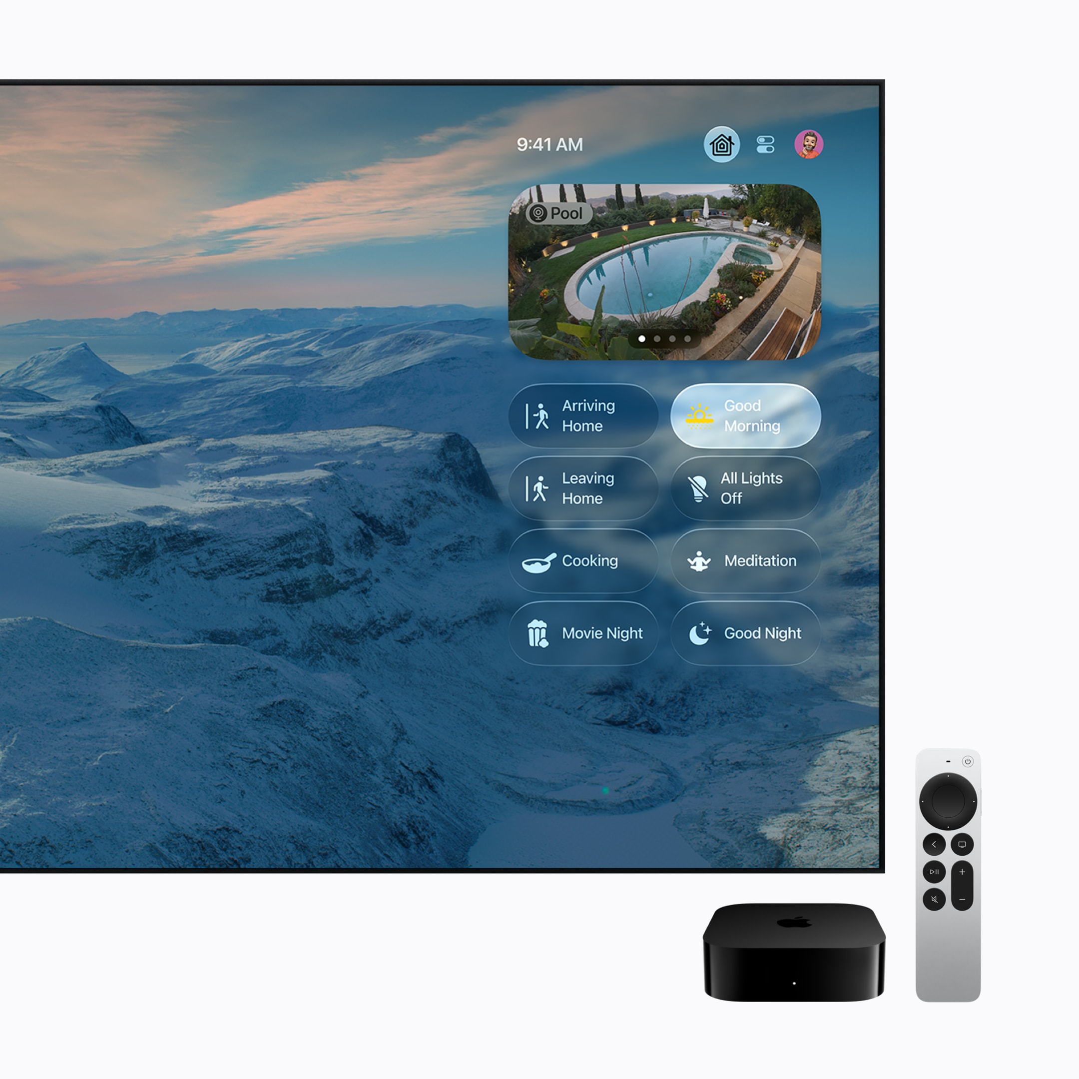 Apple TV 4K 在電視側邊顯示家庭配件控制介面